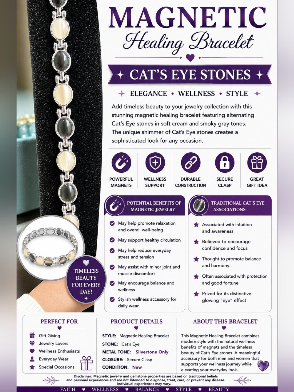 Magnetic Cat's Eye Healing Bracelet - Cream & Smoky Gray